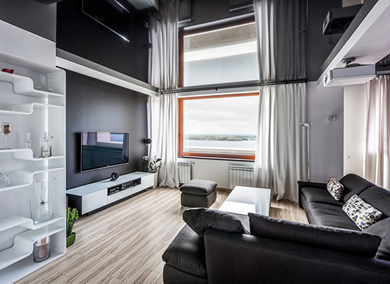 Чорна глянсова натяжна стеля в залі (вітальні) - фото