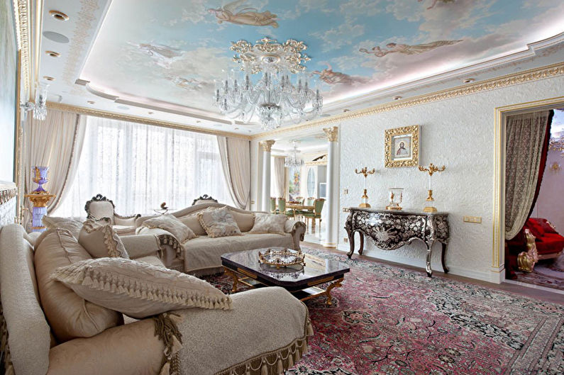 Натяжна стеля з фотодруком у залі (вітальні) - фото