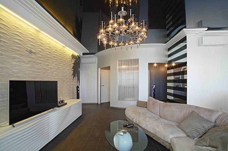 Чорна натяжна стеля у залі (вітальні) - фото