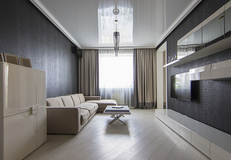 Біла натяжна стеля в залі (вітальні) - фото