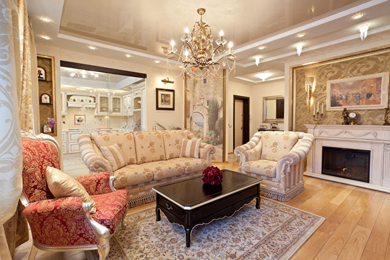 Бежева глянсова натяжна стеля в залі (вітальні) - фото