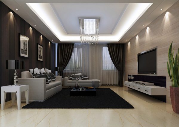 Використання кількох відтінків чорного в інтер'єрі вітальні Використання кількох відтінків чорного в інтер'єрі вітальні