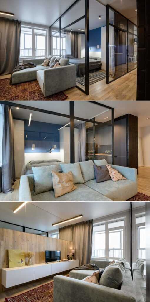 квартира студія з диваном та ліжком у скандинавському стилі