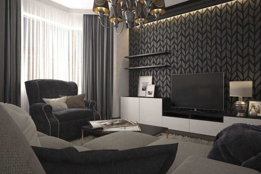 Чёрные обои в гостиной