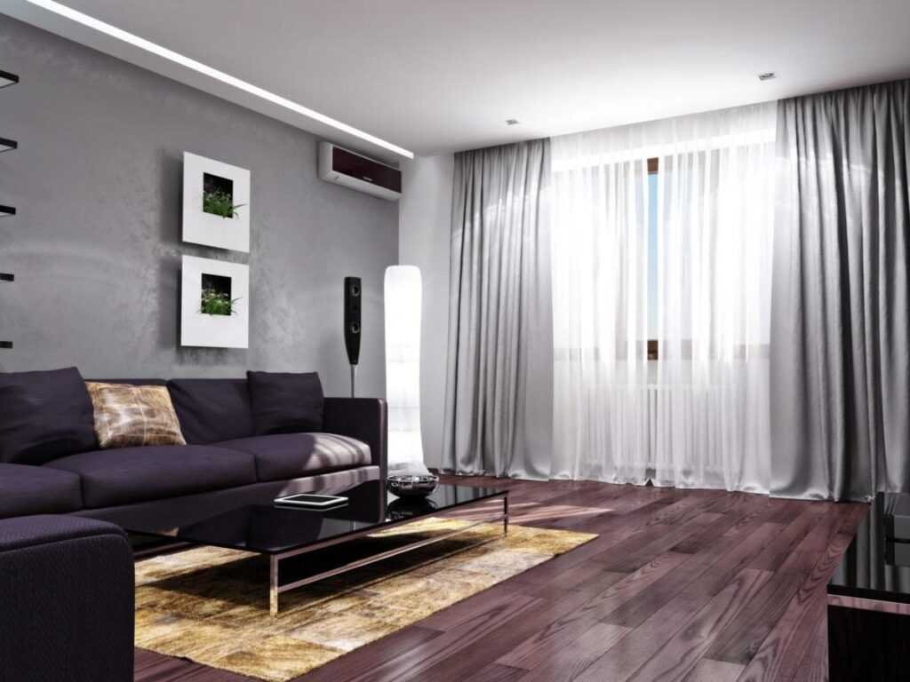 Серые обои в большой гостиной