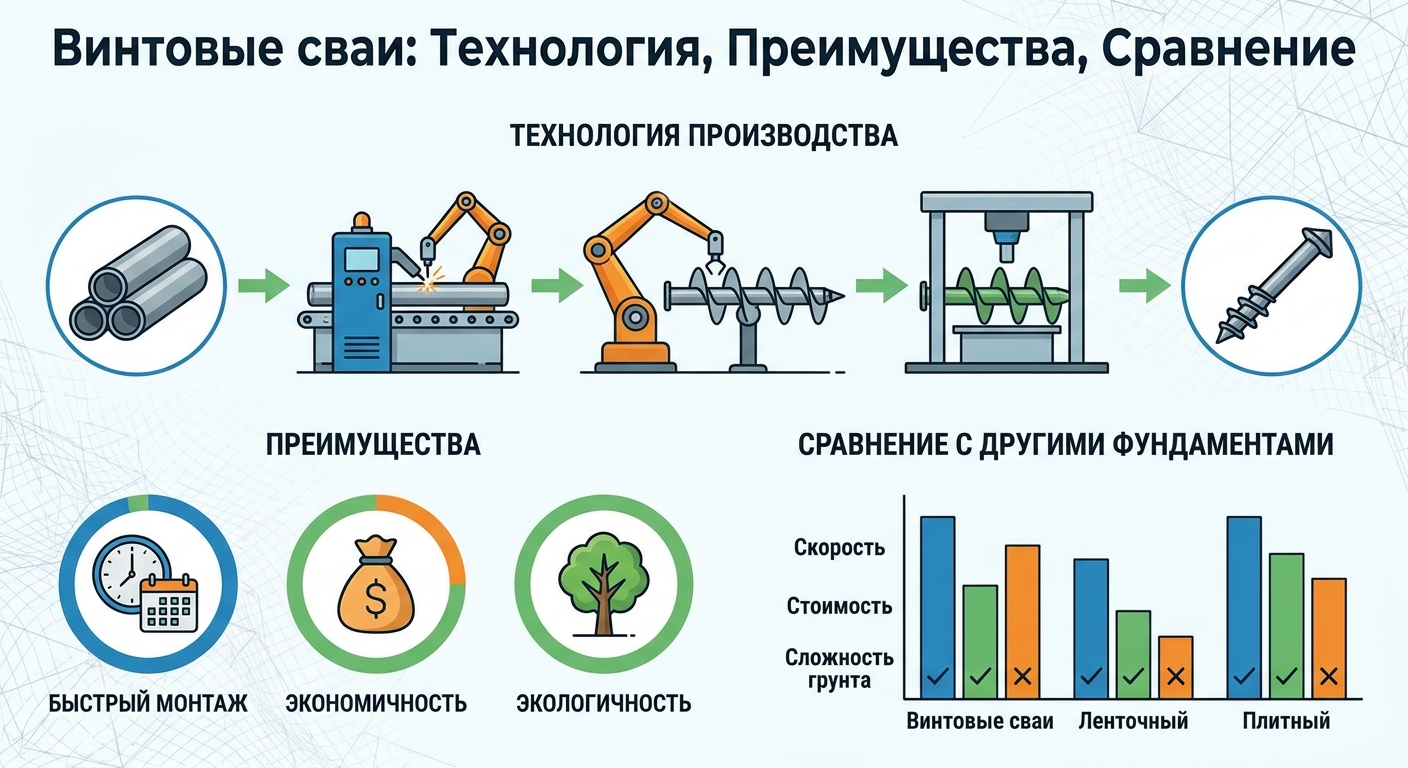 Винтовые сваи: технология производства, преимущества и сравнение с другими типами фундаментов