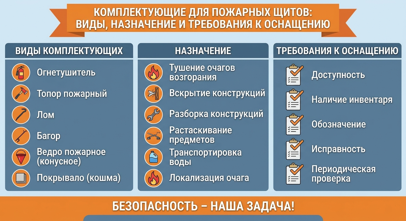 Комплектующие для пожарных щитов: виды, назначение и требования к оснащению
