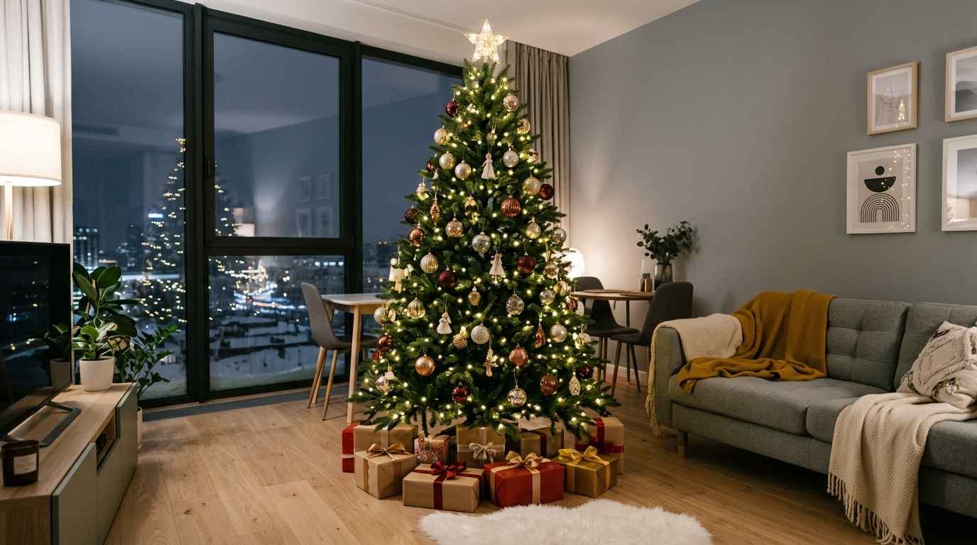 искусственная елка у дивана