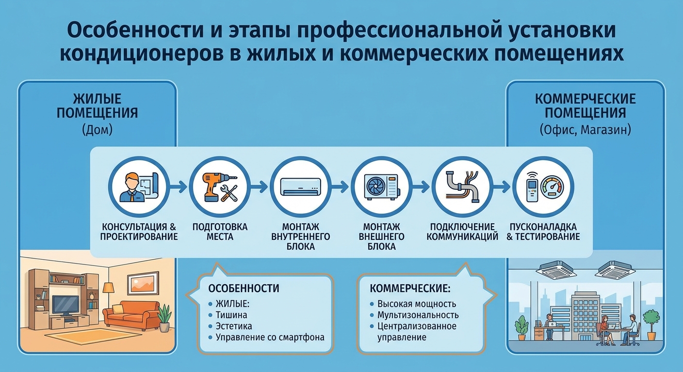 Особенности и этапы профессиональной установки кондиционеров в жилых и коммерческих помещениях