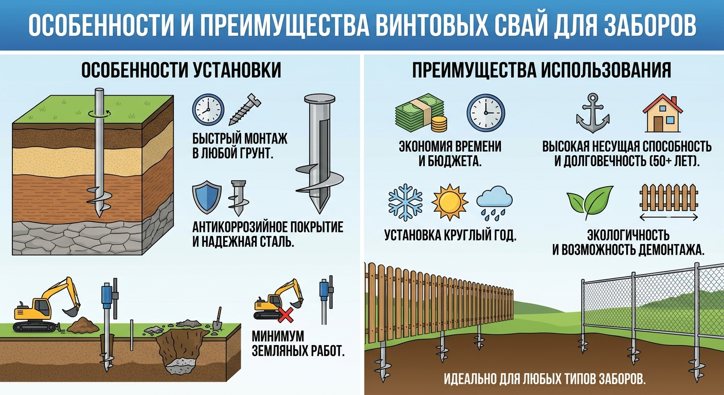 Особенности и преимущества использования винтовых свай для установки заборов